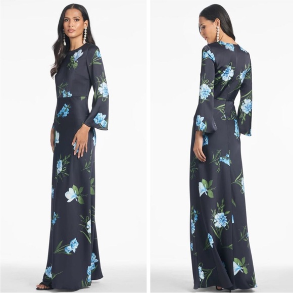 NWT Sachin + Babi Black and Blue Floral Dress Alex Sequin Long Sleeve Satin - Picture 3 of 10